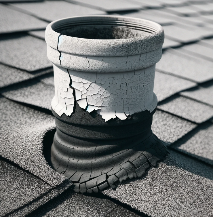 roof vent pipe with cracked rubber boot causing water to leak inside of shingle roof